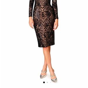 Dress the Population Tan Cream Bodycon Long Sleeve Cocktail Dress